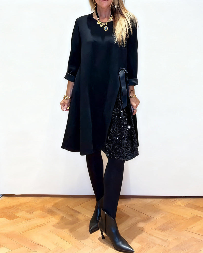 Stijlvolle Jurk Met Patchworkdetails En Ronde Hals