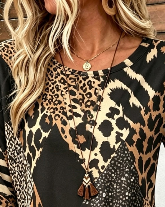 Blouse Rondhals Knoop Luipaard Gerimpeld