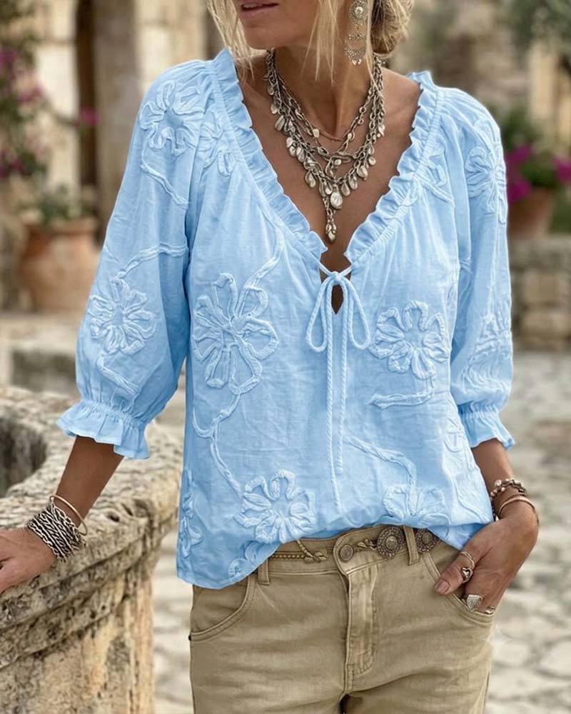 Blouse 100% Katoen V-Hals Wikkel Strik Gerafeld