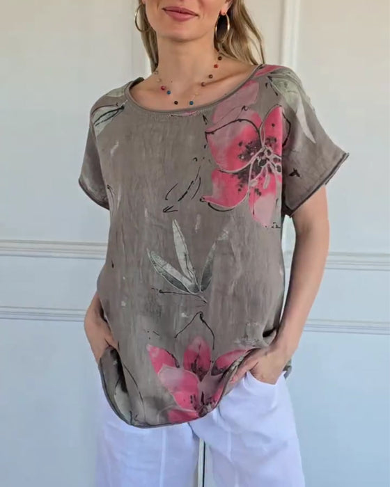 Blouse Ronde Hals Casual Print Kort Mouw