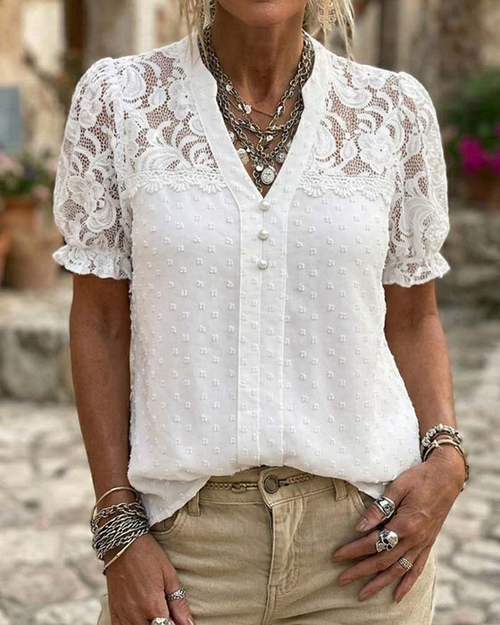 Blouse Kant Patchwork Pofmouw V-Hals