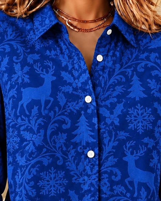Overhemd Kerst Eland Sneeuwvlok Print Revers