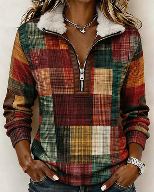 Sweatshirt Revers Rits Geruit Contrast
