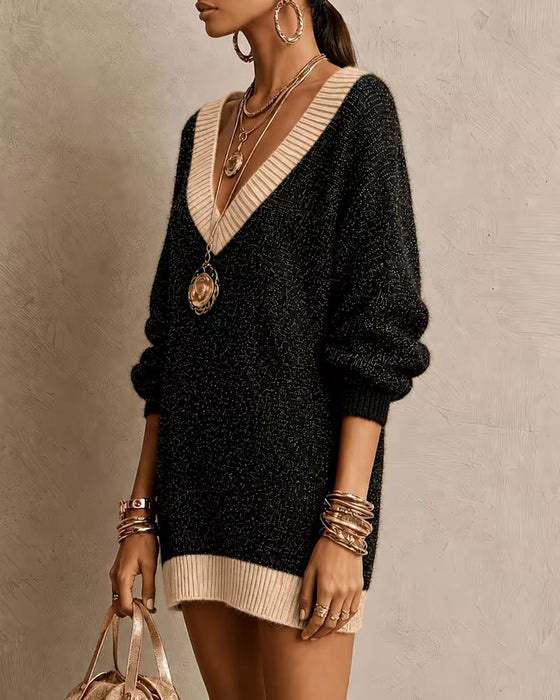 Jurk V-Hals Lange Mouw Los Gebreid Trui