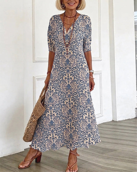 Jurk Vintage Bloemenpatroon V-Hals Maxi
