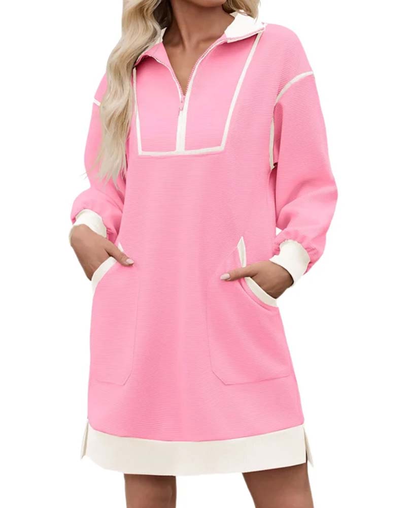 Jurk Half Zip Lange Mouw Kleurblok Kort