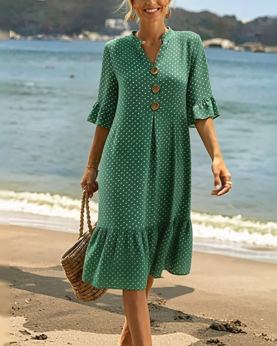 Jurk Polka Dot V-Hals Geruwde Mouw
