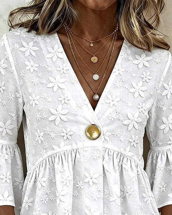 Blouse V-Hals Uitlopende Mouw Gecincede Taille