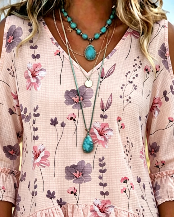 Blouse Bloemenprint Blote Schouder Ruchemouwen