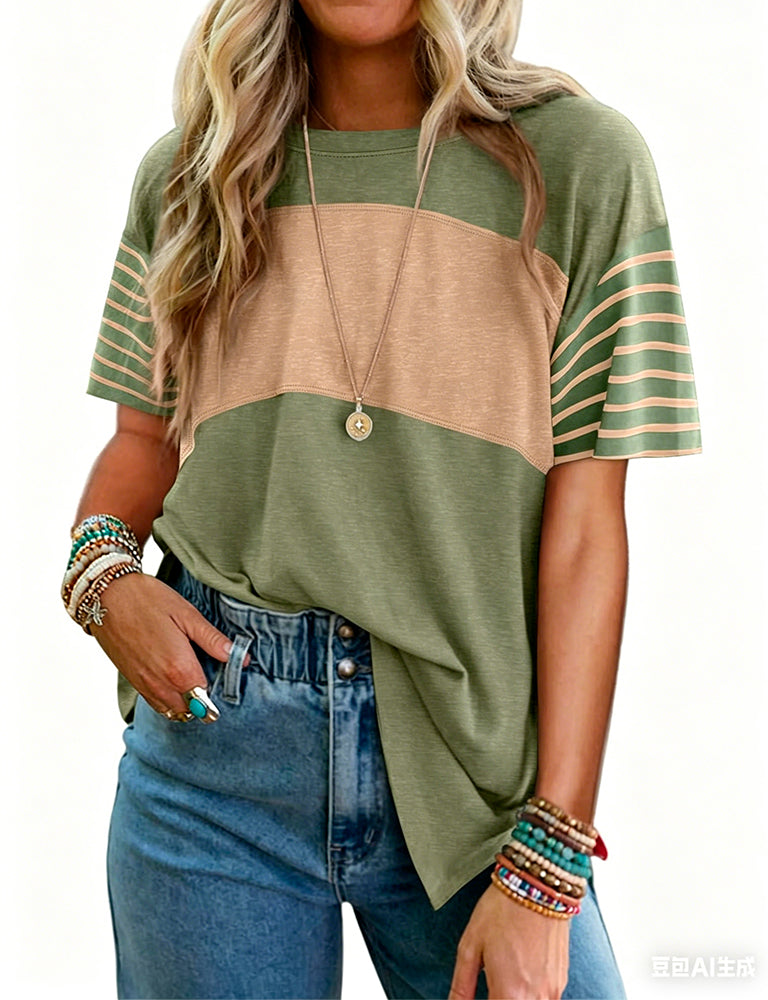 T-Shirt Pullover Gestreept Kleurblok Korte Mouw