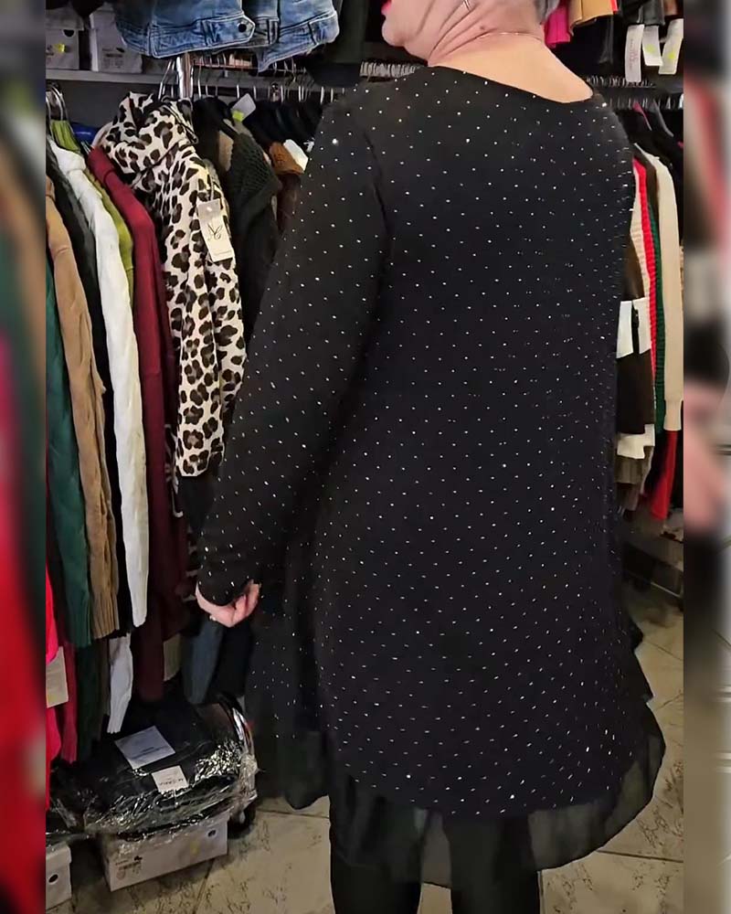 Jurk V-hals Fijn Glitter Mesh Patchwork Loose