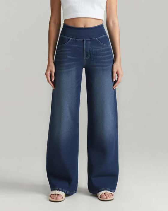 Broek Elastische Taille Denim Wijde Pijp