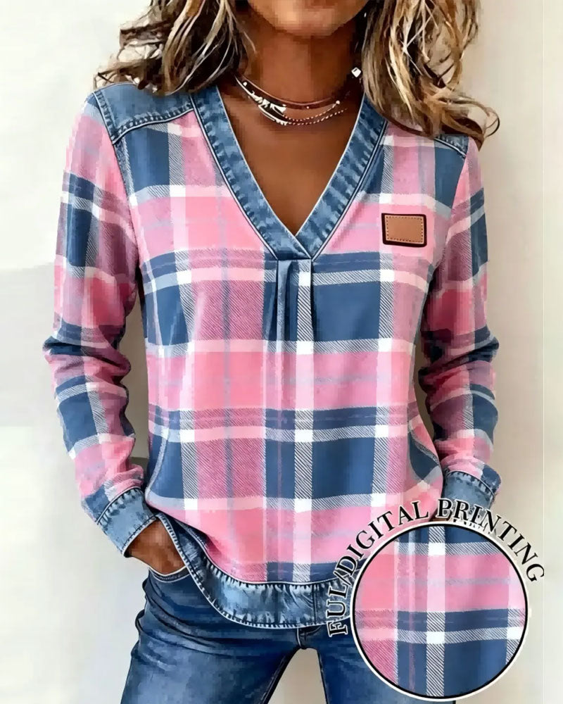 Top V-Hals Geruit Denim Patchwork
