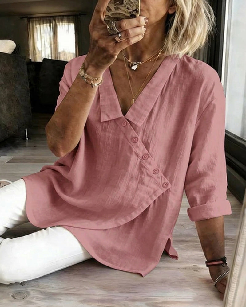 Blouse Met Asymmetrische Diagonale Knoopsluiting En Kraag