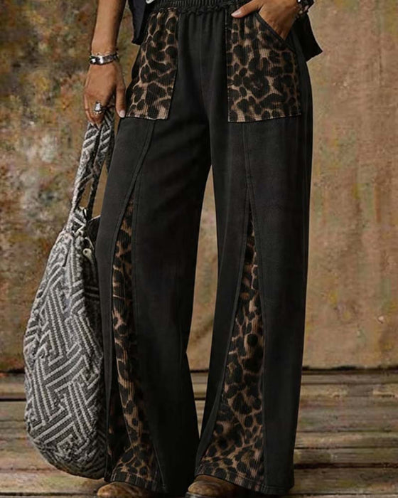 Broek Luipaardprint Wijd Patchwork Casual