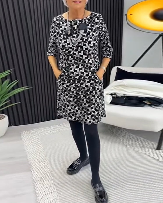 Retro geometrische print ronde hals jurk met zakken