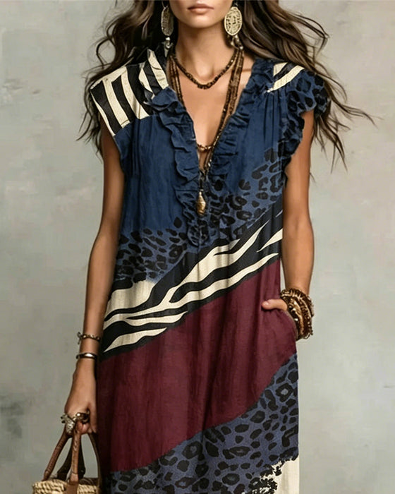 Jurk V-Hals Ruche Patroon Patchwork