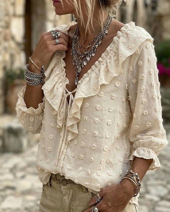 Blouse V-Hals Driedimensionale Bedrukte Pofmouwen