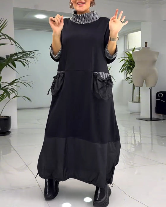 Casual geruite patchwork jurk met hoge kraag en zak