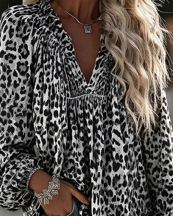 Blouse V-Hals Luipaardprint Gerimpeld Poefmouw