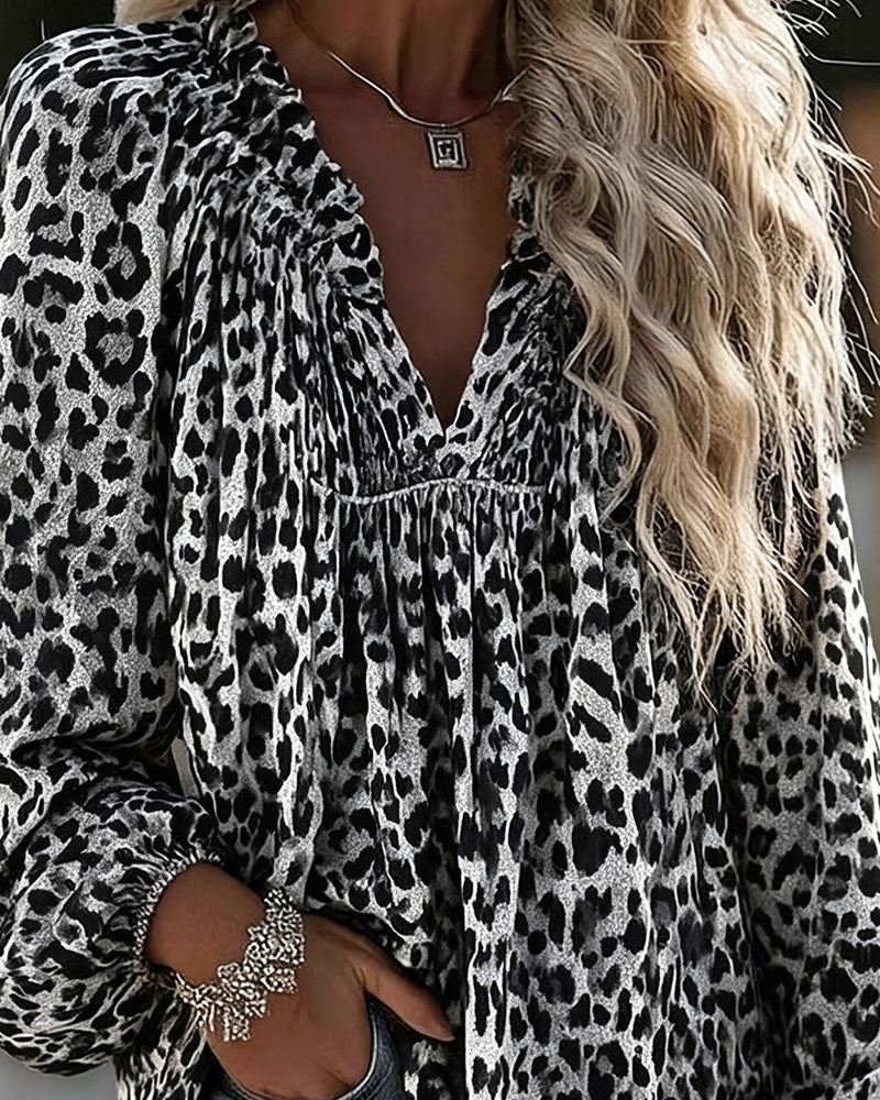 Blouse V-Hals Luipaardprint Gerimpeld Poefmouw