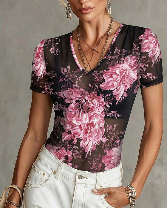 T-Shirt Met V-Hals En Bloemenprint Korte Mouw