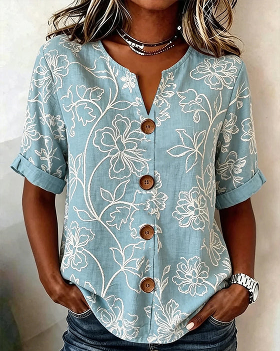 Blouse V-Hals Pioenprint Knoop