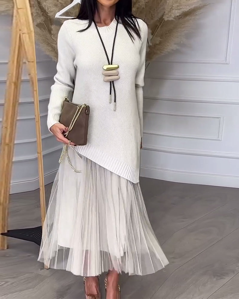 Twee-Delige Set Met Pullover En Rok In Ronde Hals En Onregelmatig Design