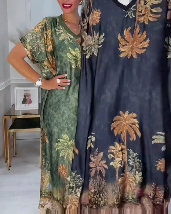 Jurk V-Hals Palmboom Print Korte Mouw Lang