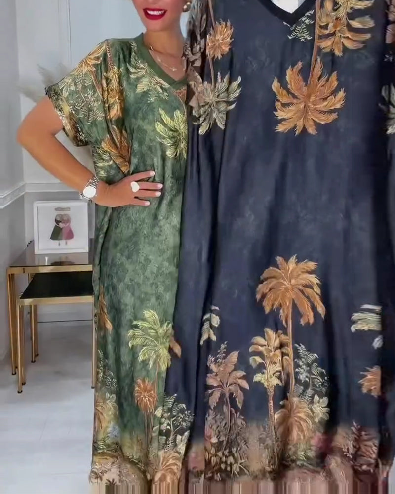 Jurk V-Hals Palmboom Print Korte Mouw Lang