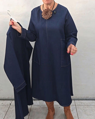 Jurk Ronde Hals Zak Recht Lange Mouw Denim