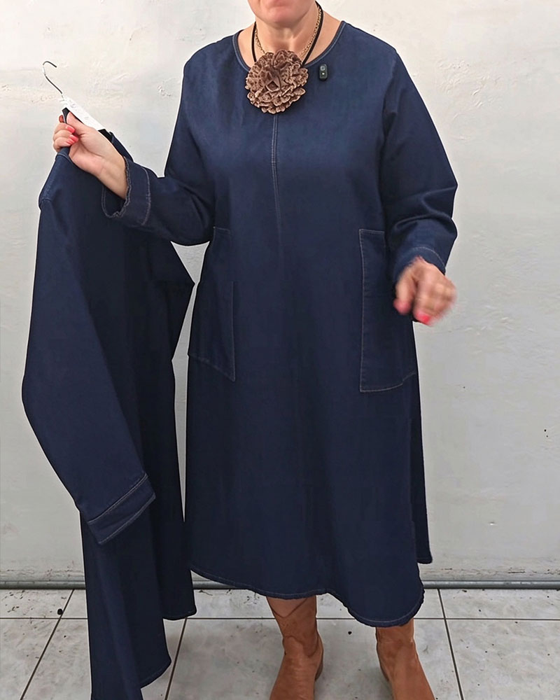 Jurk Ronde Hals Zak Recht Lange Mouw Denim