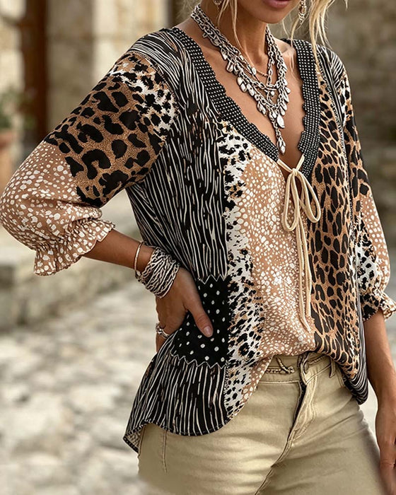 Blouse V-Hals Luipaard Stip Ballon Mouw