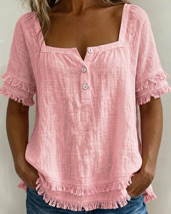 Blouse Vierkante Hals Halfsluiting Franje