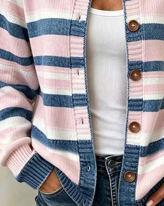 Cardigan Gestreept Ronde Hals Enkelrijg