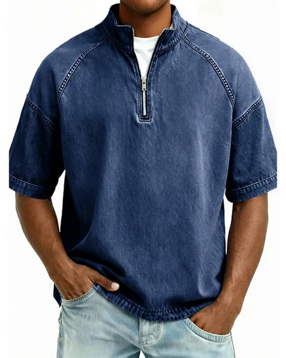 Overhemd Met Washed Look En Rits Korte Mouw