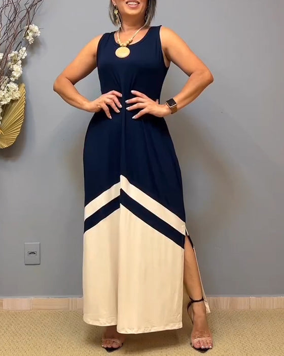 Jurk Mouwloos Contrast Kleur Split Lang