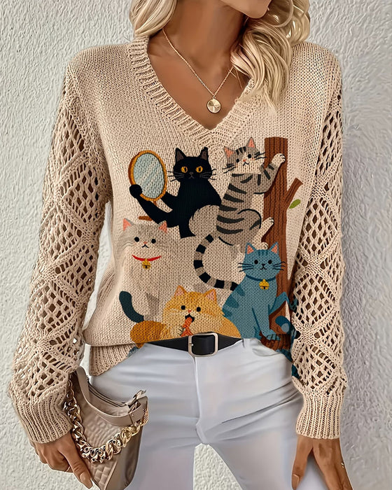 Pullover V-Hals Uitgesneden Cartoon Kat Print