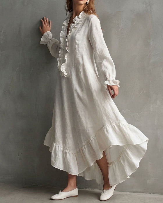 Jurk Lange Mouw Ruches V-Hals Maxi