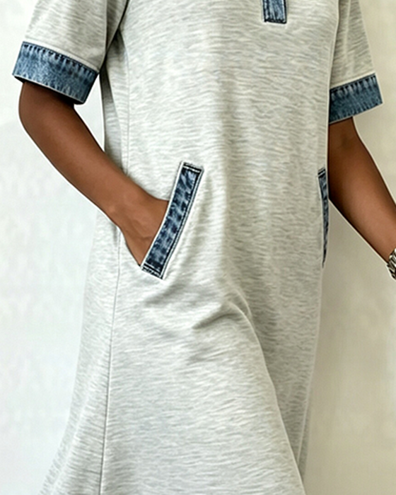 Jurk Overhemdkraag Denim Patchwork Zak
