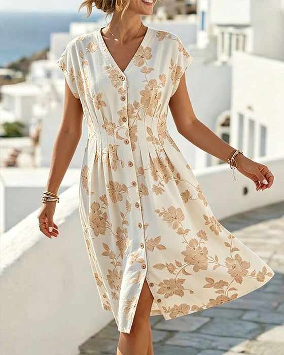 Jurk V-Hals Print Getailleerde Taille Knoopsluiting Voorzijde