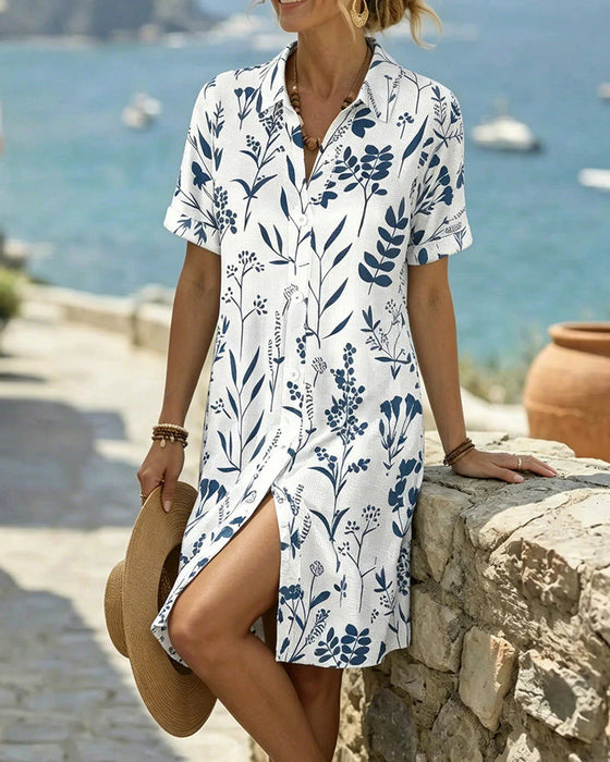 Jurk Botanische Print Knie Lengte Shirt