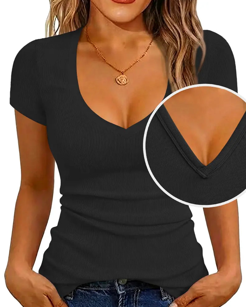 T-Shirt Geribbeld Slim Fit V-Hals Korte Mouw