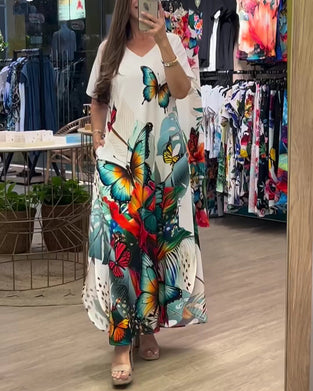 Jurk V-Hals Vlinderprint Lang