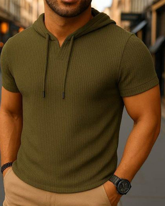 T-Shirt V-Hals Spleet Verticale Streep Korte Mouw Hoodie