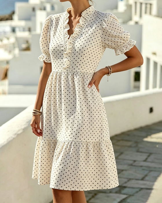 Jurk V-Hals Kant Trim Polka Dot