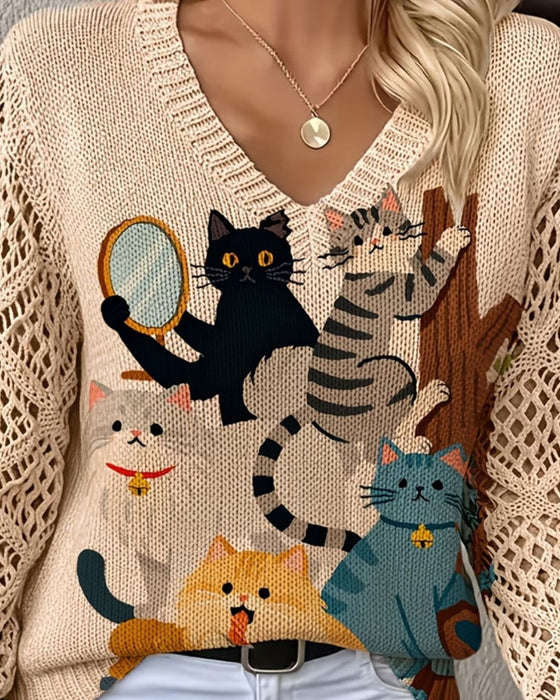 Pullover V-Hals Uitgesneden Cartoon Kat Print