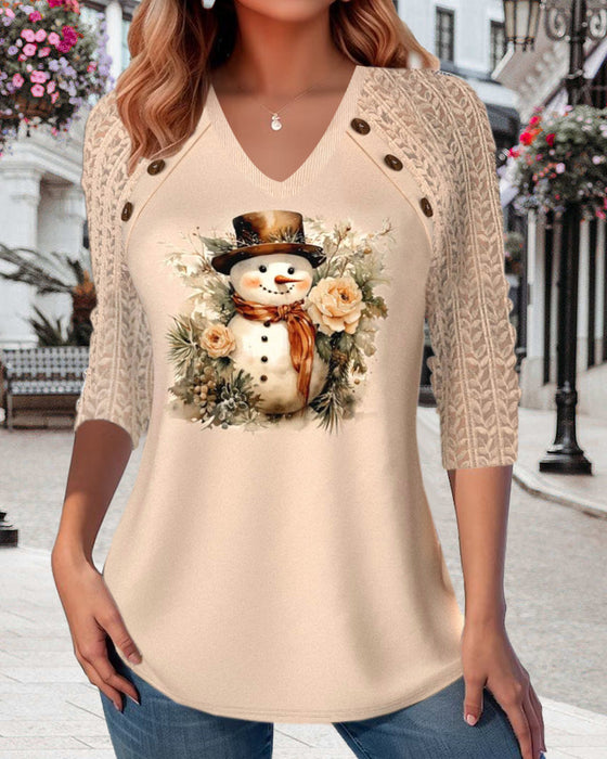 Casual top met V-hals en sneeuwpop print