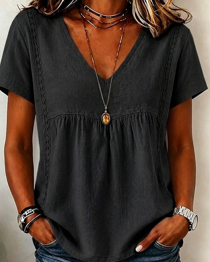 Blouse V-Hals Gerimpeld Korte Mouw
