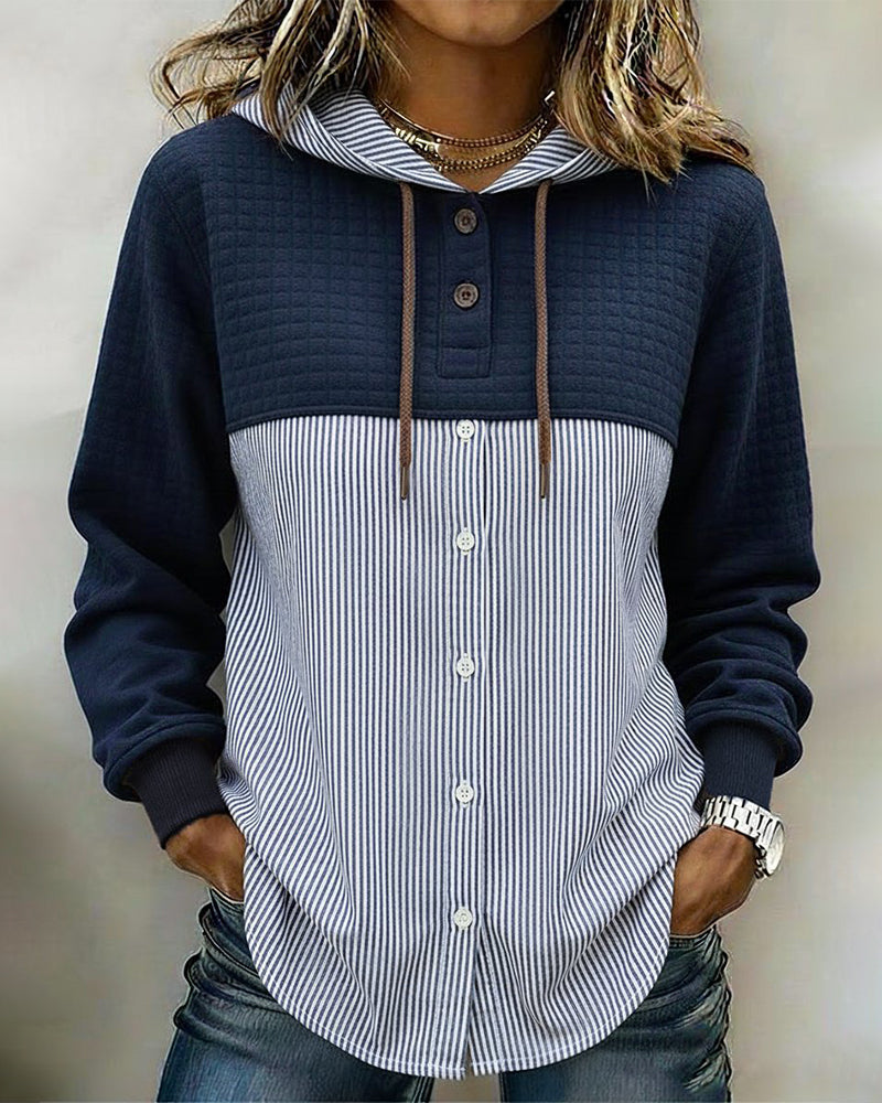 Shirt Geknoopt Met Capuchon Verticale Streep Patchwork